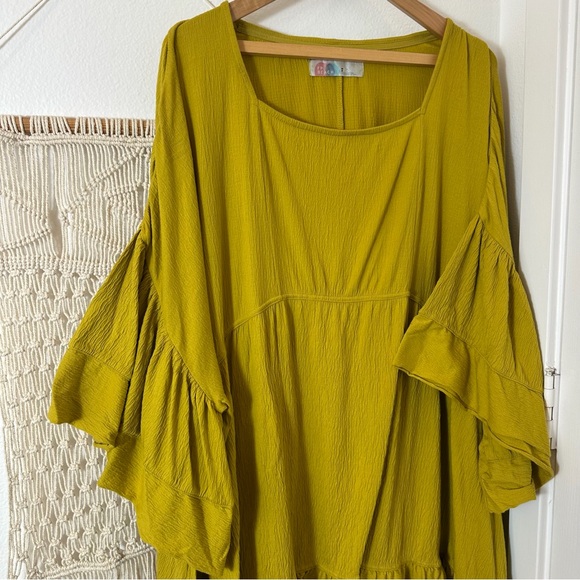 Free People FP Beach Boho Ruffle Sleeve Beach Dress Chartreuse Mustard Gypsy M - Picture 9 of 9
